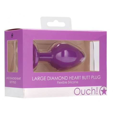 Фиолетовая анальная пробка с прозрачным стразом Large Ribbed Diamond Heart Plug - 8 см.