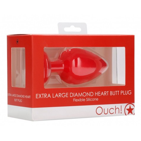 Красная анальная пробка с прозрачным стразом Extra Large Diamond Heart Butt Plug - 9,5 см.